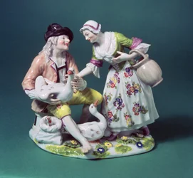 Meissen figuur van een pluimvee verkoper, ca. 1750
